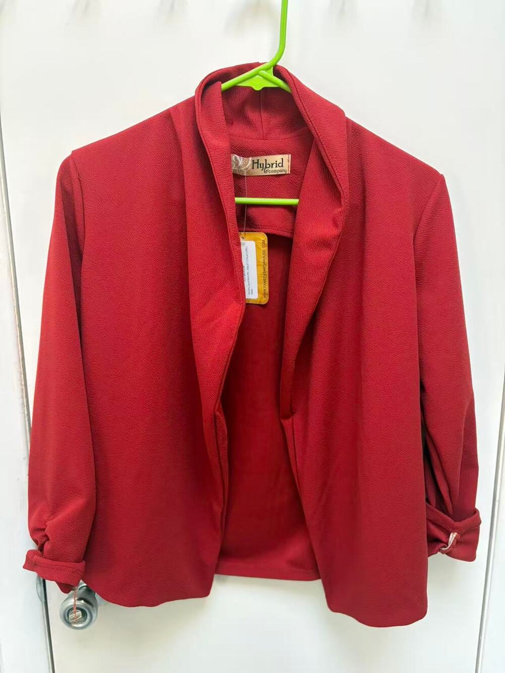 Hybrid Co Women Open Front Blazer Ruched 3/4 Sleeve Draped Red Jacket Size S